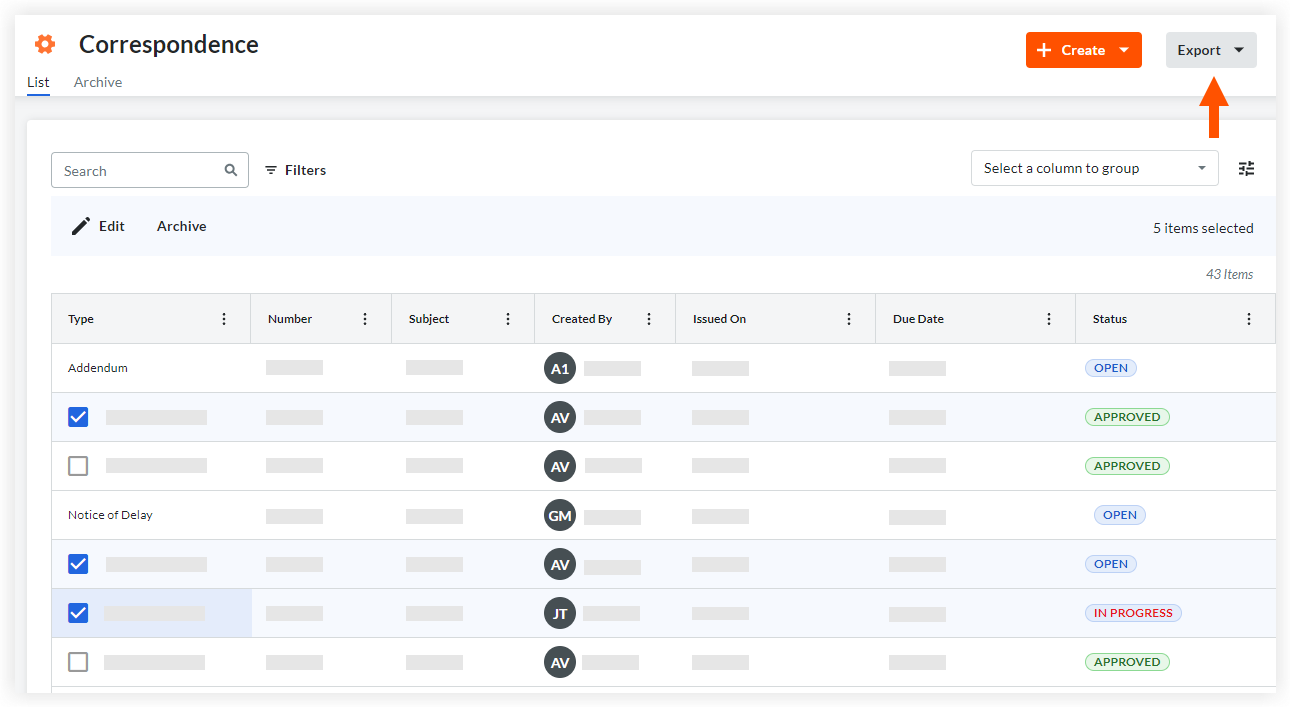 Export Correspondence items from list page.png